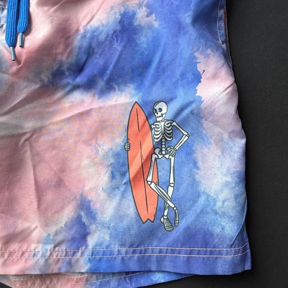 Chemistry Mens Tie Dye Surfing Skeleton Swim Trunks Pink Blue UPF 50+ Large NWT